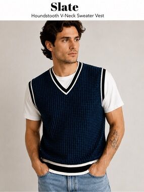 Slate Men’s Houndstooth Sweater Vest Size 4 Fits 4XL Blue V-Neck Preppy